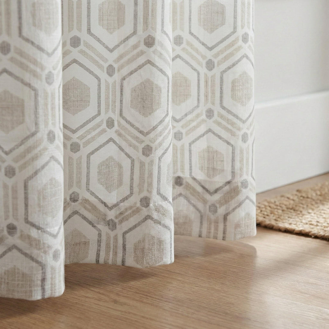 White Linen Sheer Curtain, Geometric Hexagon Print, Nursery Drapes — image 1
