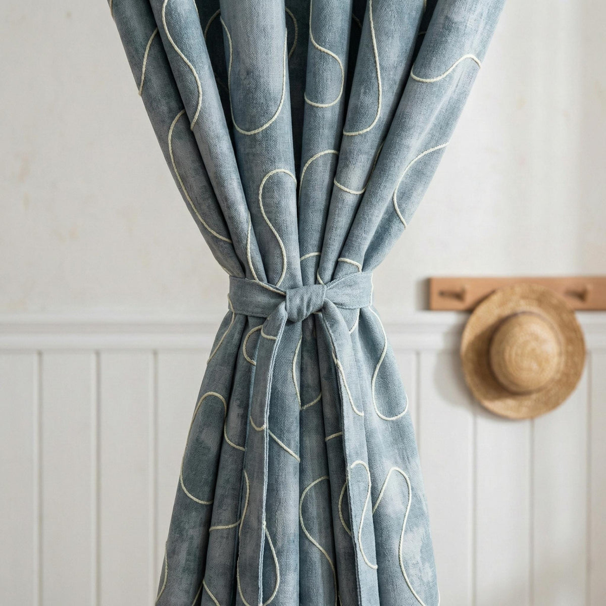 Denim Blue Linen Curtains, Abstract Squiggle Embroidery, Nursery Blackout Drapes — image 3