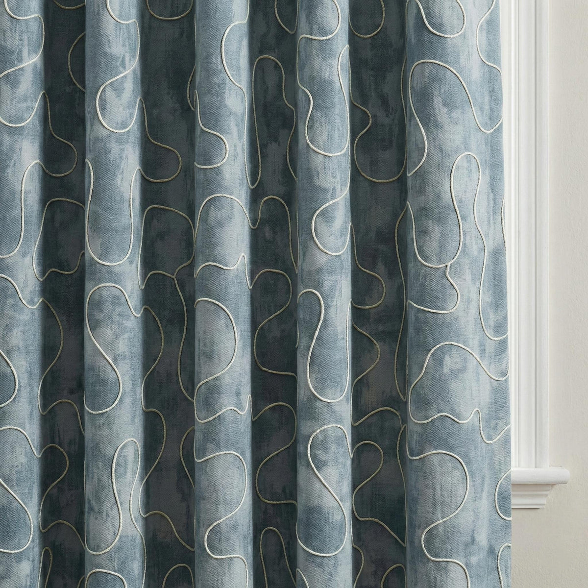 Denim Blue Linen Curtains, Abstract Squiggle Embroidery, Nursery Blackout Drapes — image 10