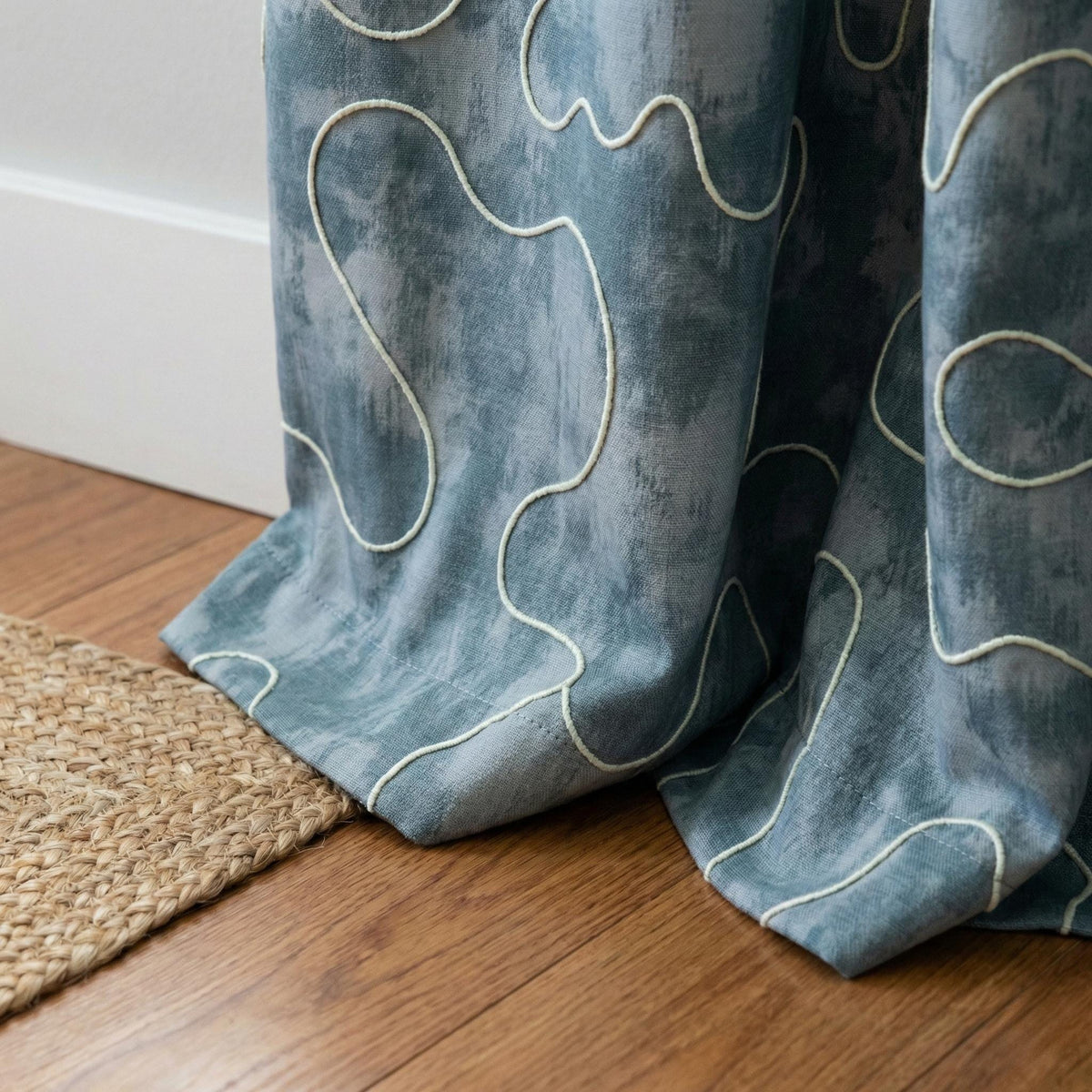 Denim Blue Linen Curtains, Abstract Squiggle Embroidery, Nursery Blackout Drapes — image 4