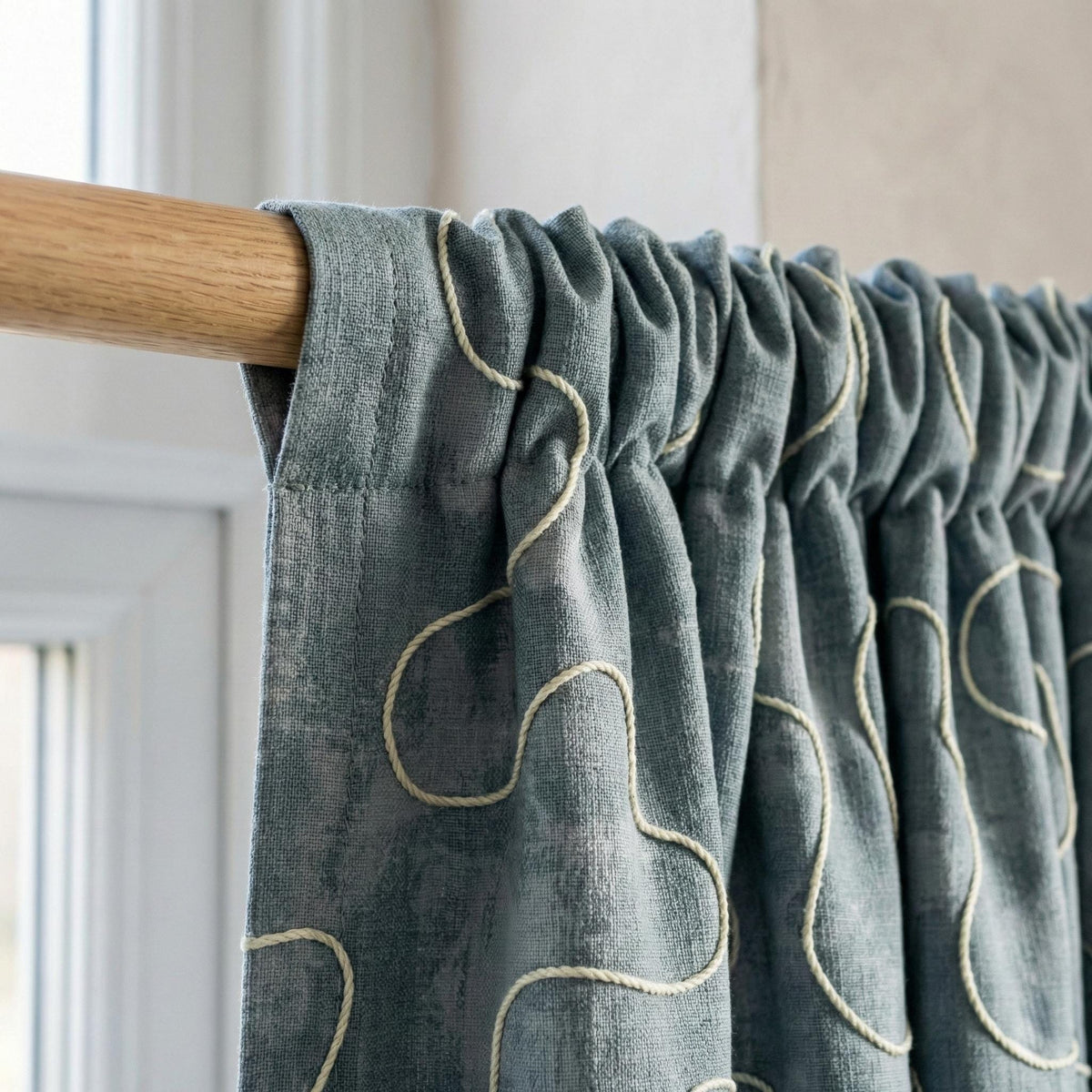 Denim Blue Linen Curtains, Abstract Squiggle Embroidery, Nursery Blackout Drapes — image 8