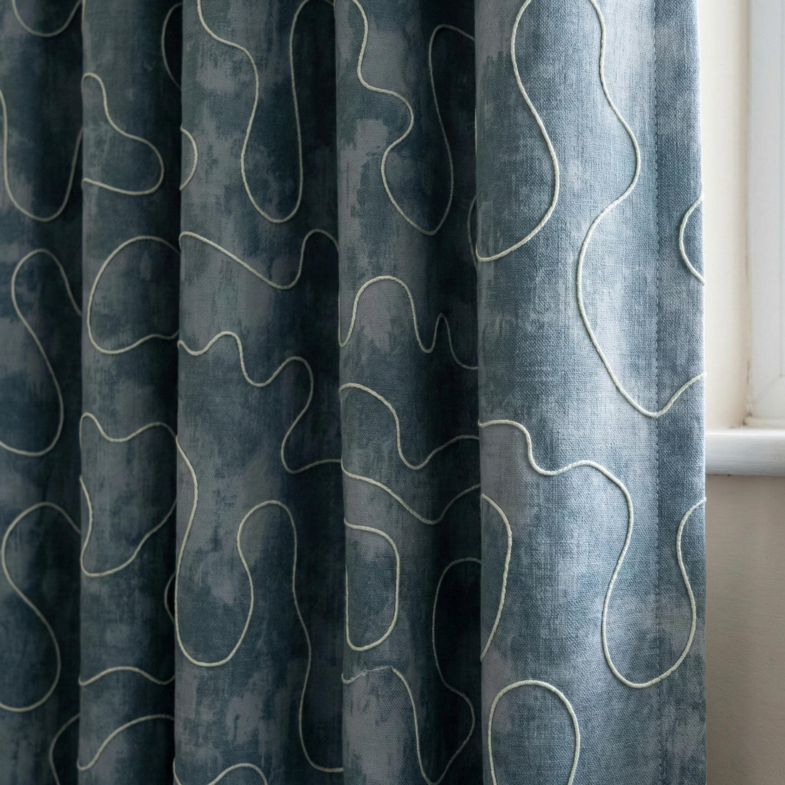 Denim Blue Linen Curtains, Abstract Squiggle Embroidery, Nursery Blackout Drapes — image 1