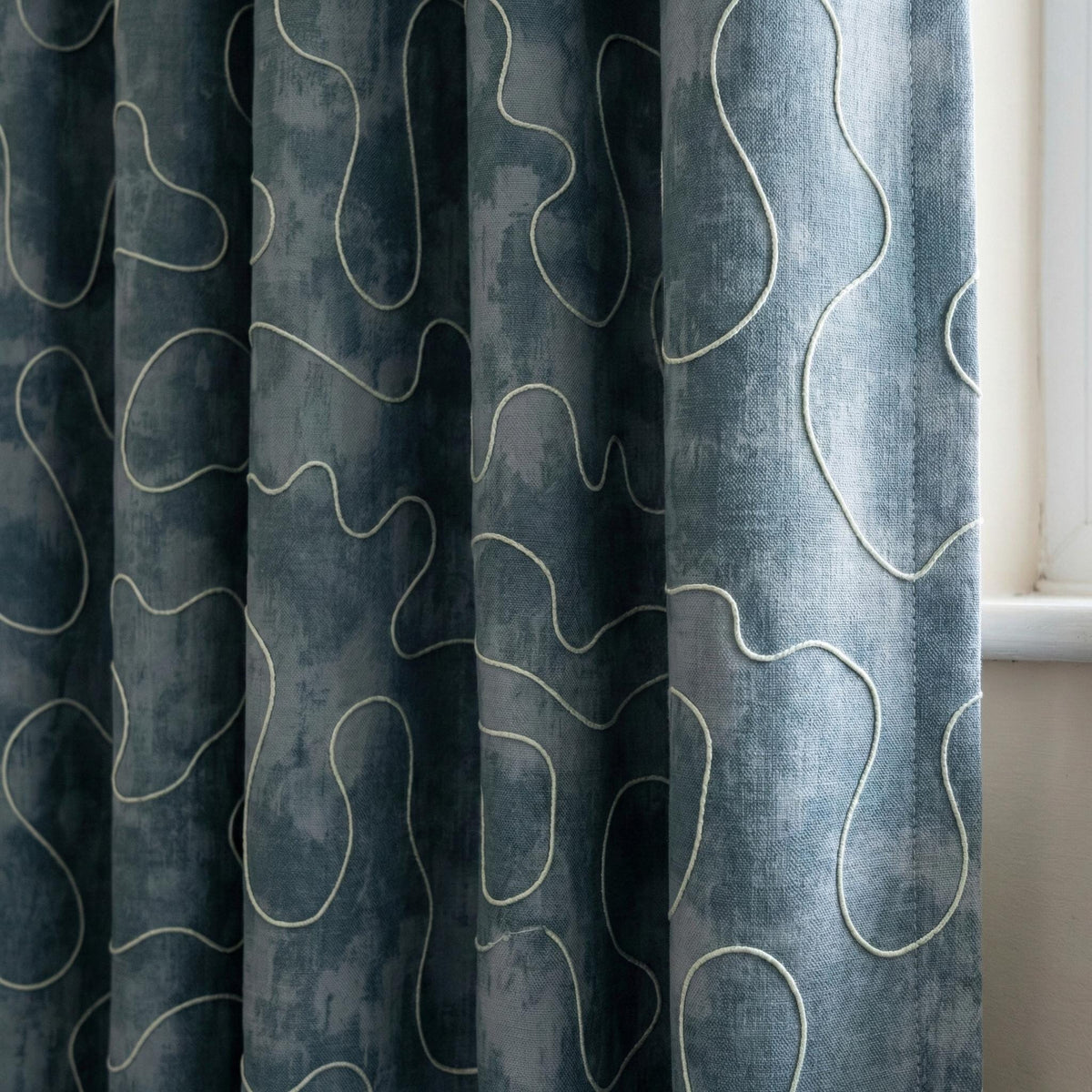 Denim Blue Linen Curtains, Abstract Squiggle Embroidery, Nursery Blackout Drapes — image 1