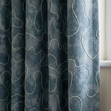 Denim Blue Linen Curtains, Abstract Squiggle Embroidery, Nursery Blackout Drapes — image 1