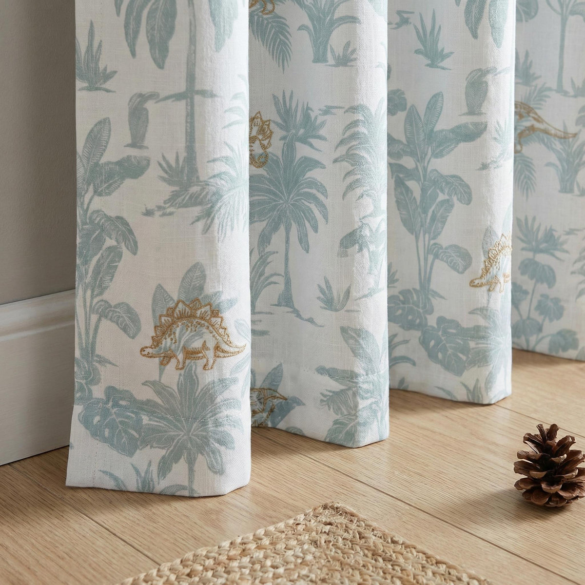 Embroidered Dinosaur Linen Curtains, White Sage Jungle Print, Nursery Decor — image 7