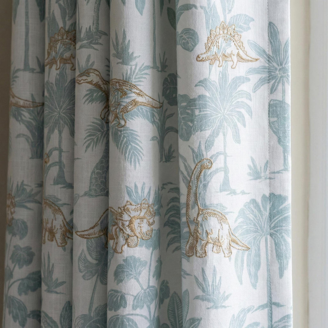 Embroidered Dinosaur Linen Curtains, White Sage Jungle Print, Nursery Decor — image 1