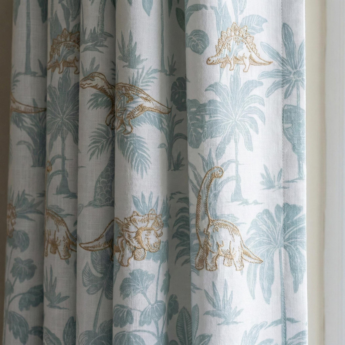Embroidered Dinosaur Linen Curtains, White Sage Jungle Print, Nursery Decor — image 1