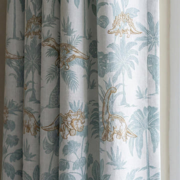 Embroidered Dinosaur Linen Curtains, White Sage Jungle Print, Nursery Decor — image 1
