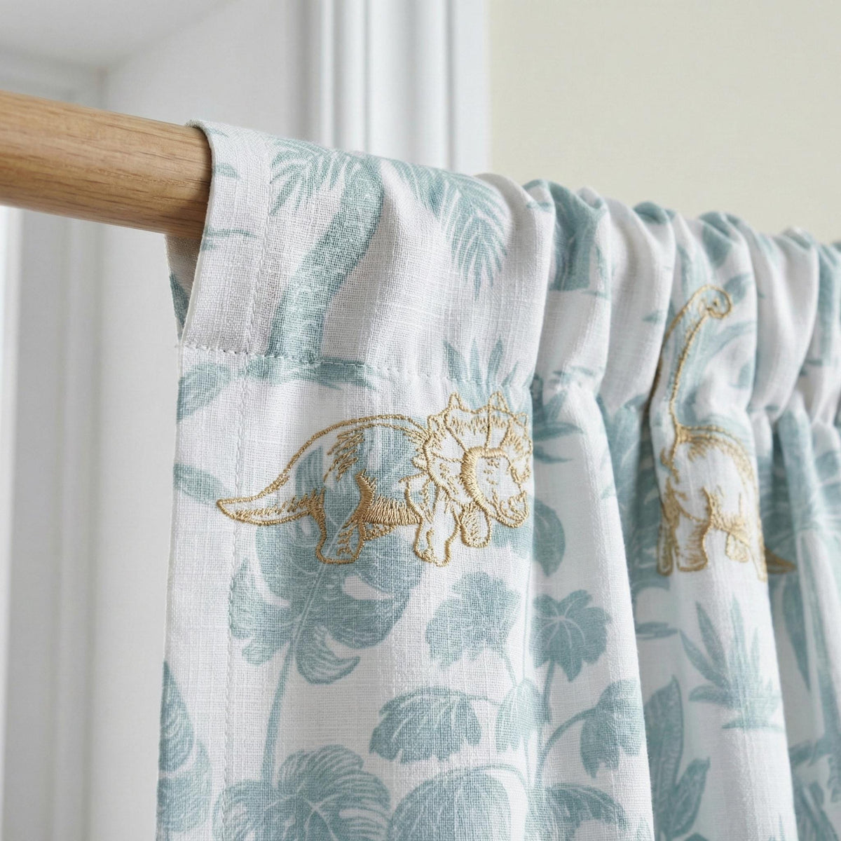 Embroidered Dinosaur Linen Curtains, White Sage Jungle Print, Nursery Decor — image 6