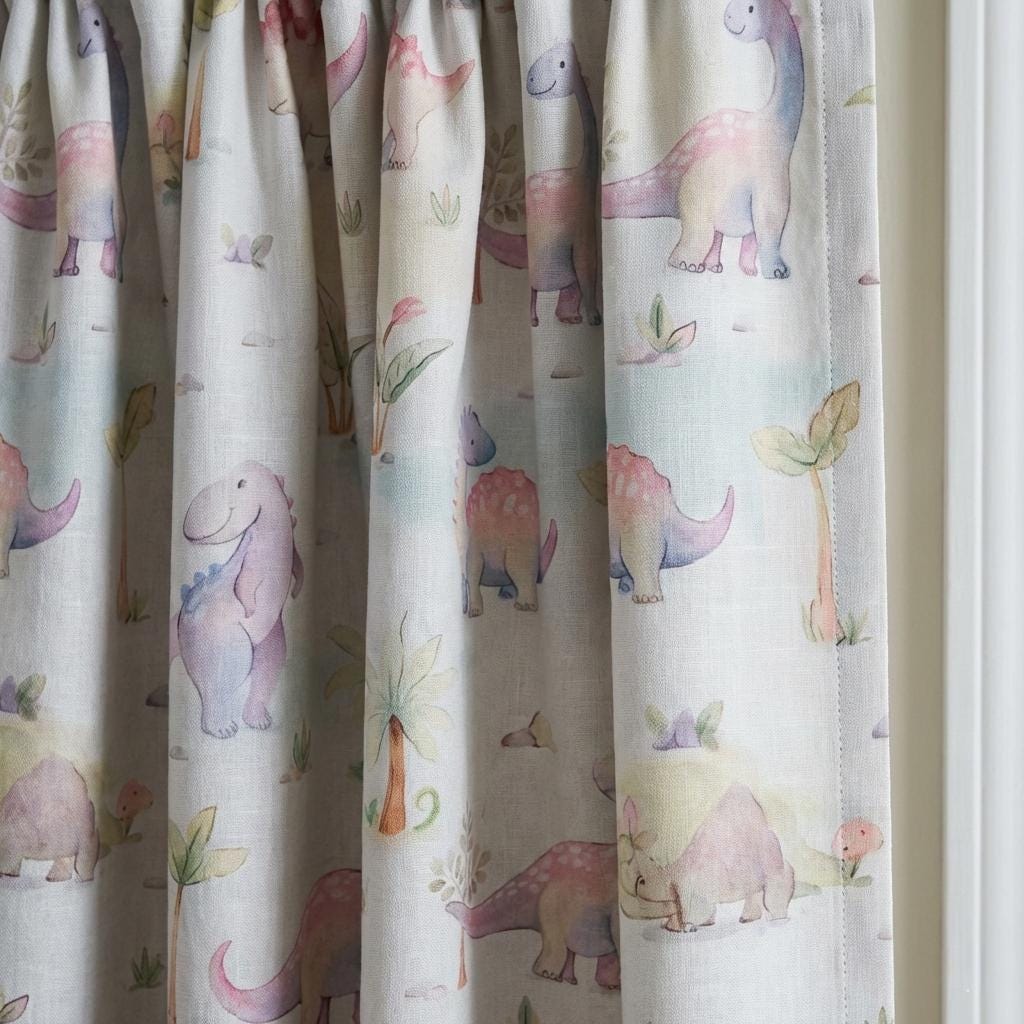 Watercolor Dinosaur Linen Nursery Curtains, Kids Room Drapes — image 1