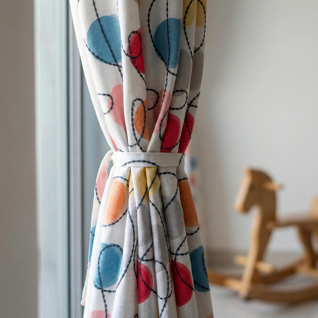 Embroidered Linen Nursery Curtains, Colorful Polka Dot Kids Room Drapes — image 1