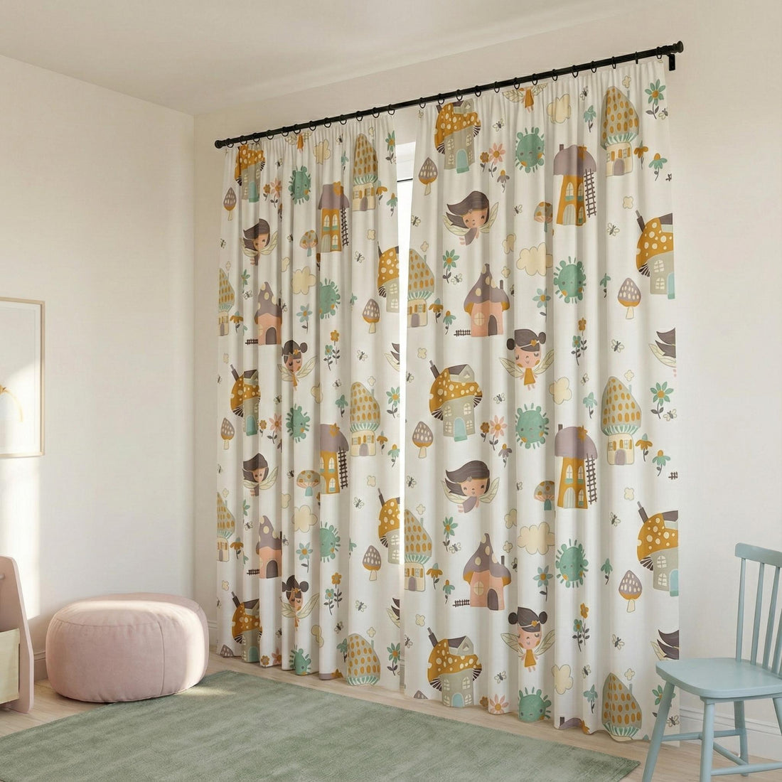 Blackout Linen Curtains: Fairy & Mushroom Print - Soft Pastel Colors — image 1