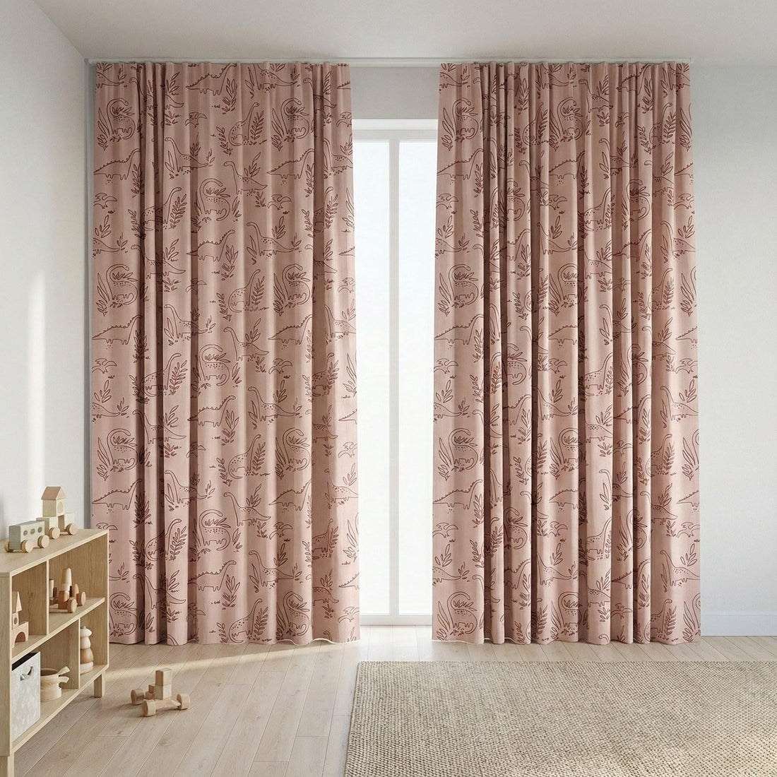 Blush Pink Dinosaur Linen Curtains, Playful Cocoa Brown (Blackout or Cotton) — image 1