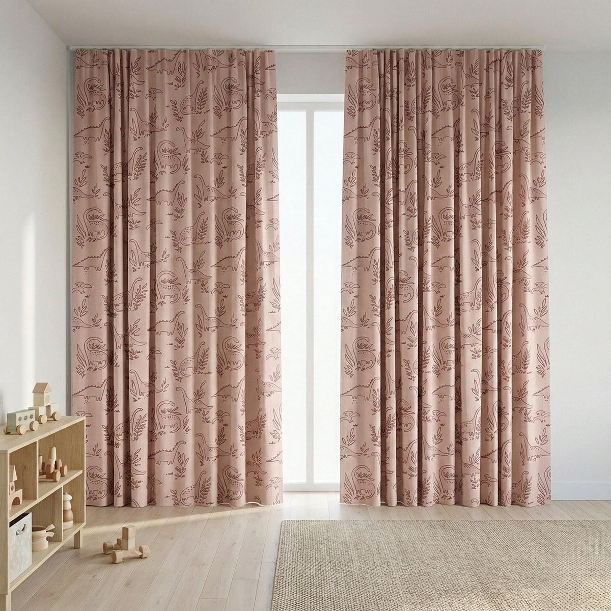 Blush Pink Dinosaur Linen Curtains, Playful Cocoa Brown (Blackout or Cotton) — image 2
