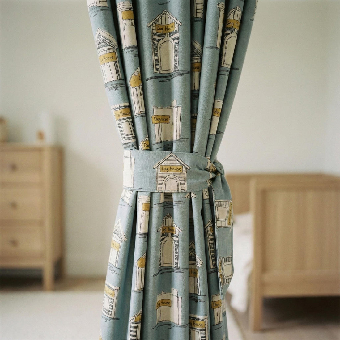 Dusty Blue House-Print Curtains: Organic Cotton, Light Filtering or Blackout — image 1