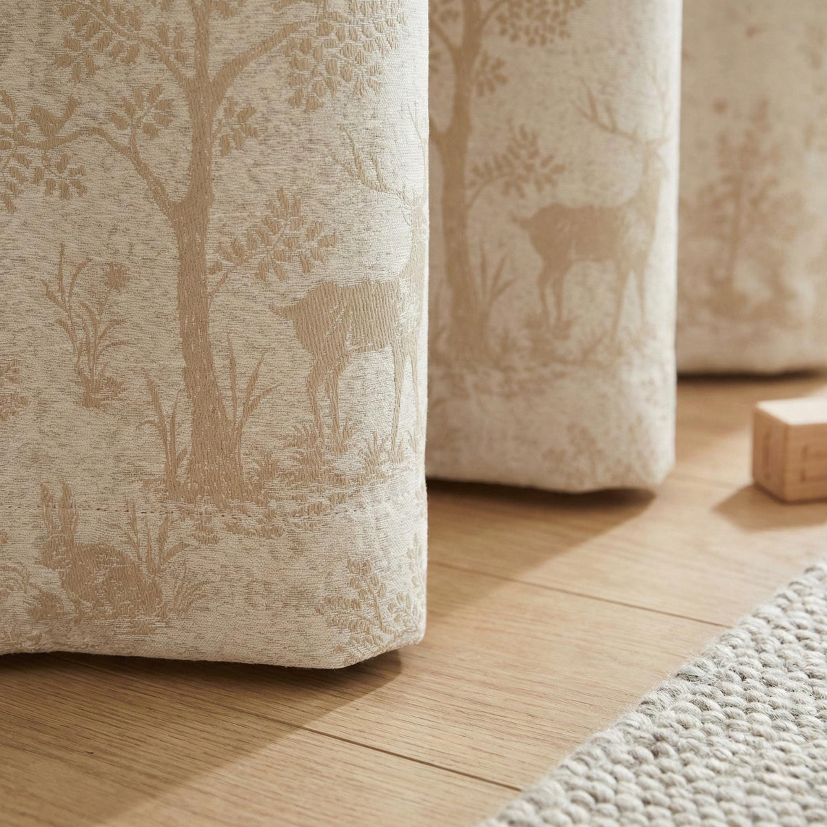 Beige Silk-Linen Jacquard Curtains, Woodland Deer Toile, Custom Blackout Nursery Drapes — image 8
