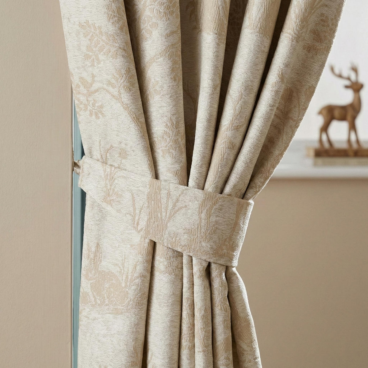 Beige Silk-Linen Jacquard Curtains, Woodland Deer Toile, Custom Blackout Nursery Drapes — image 4
