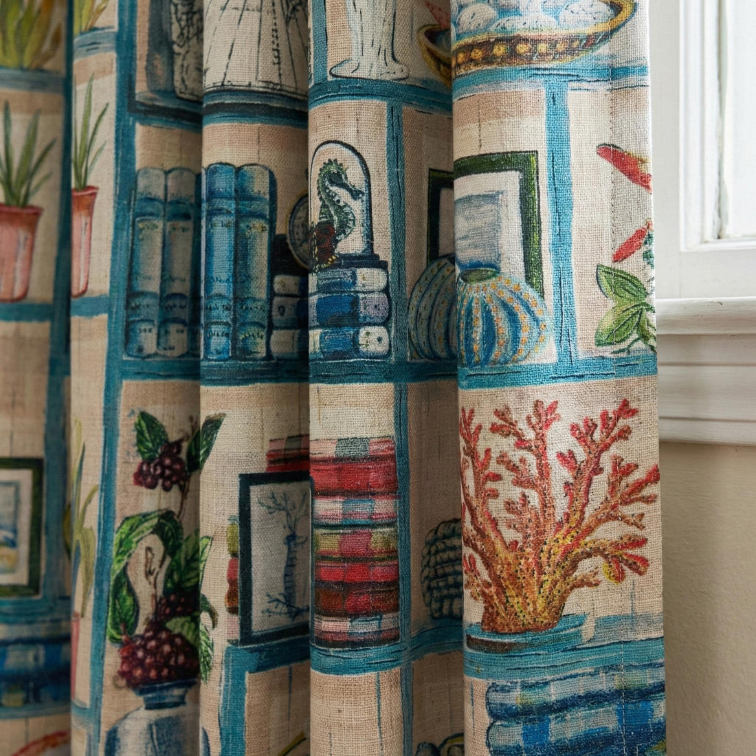 Coastal Nursery Linen Curtains, Ocean Blue Bookshelf Print — image 1