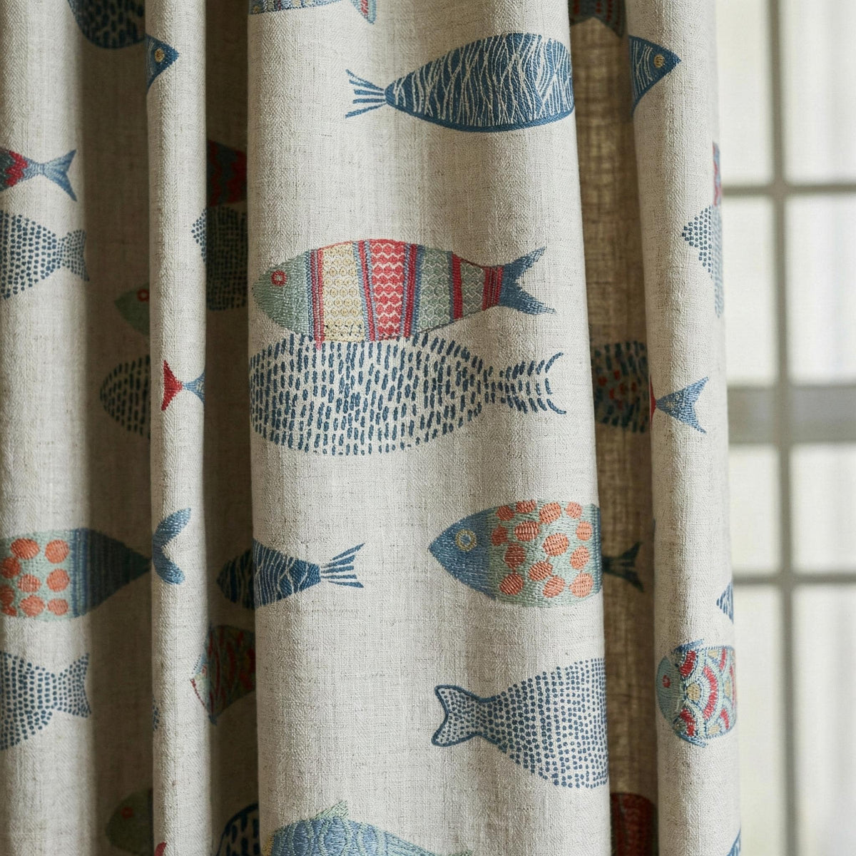 Embroidered Fish Linen Curtains, Coastal Nursery Decor, Flax Drapes — image 3