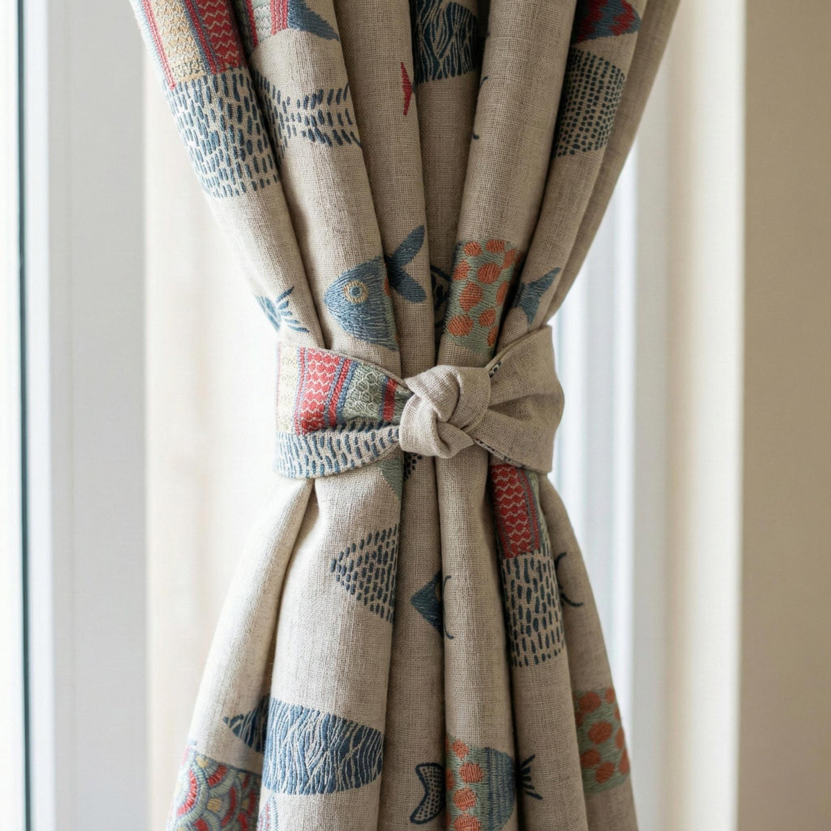 Embroidered Fish Linen Curtains, Coastal Nursery Decor, Flax Drapes — image 5