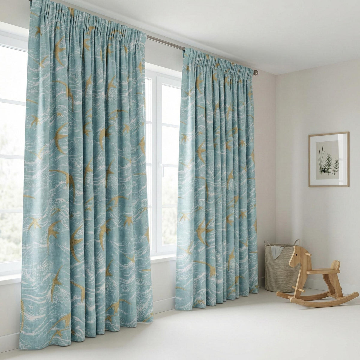 Sky Blue Linen Curtains, Gold Bird Embroidery, Coastal Nursery Drapes — image 6