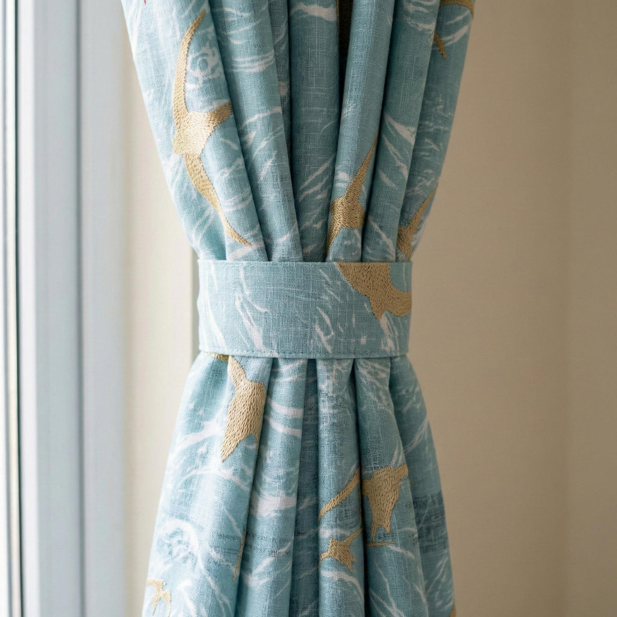 Sky Blue Linen Curtains, Gold Bird Embroidery, Coastal Nursery Drapes — image 2