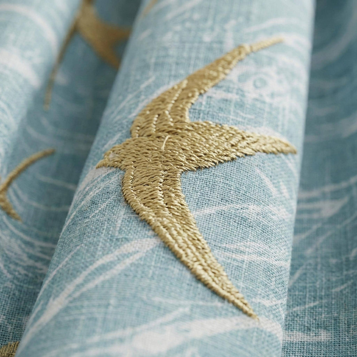 Sky Blue Linen Curtains, Gold Bird Embroidery, Coastal Nursery Drapes — image 4