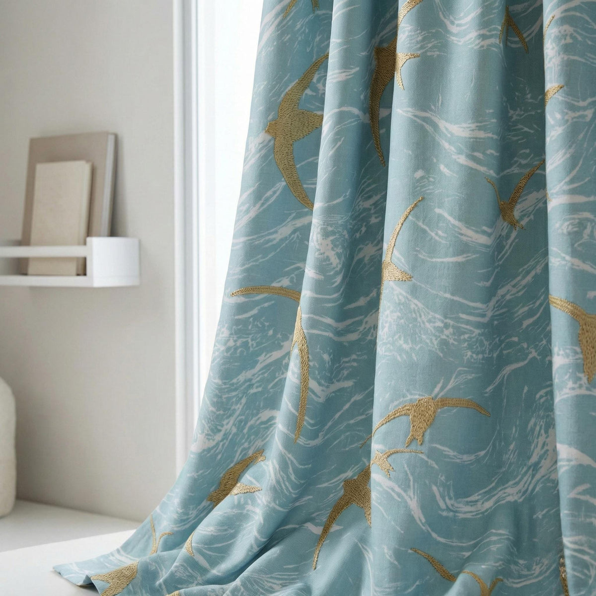 Sky Blue Linen Curtains, Gold Bird Embroidery, Coastal Nursery Drapes — image 7