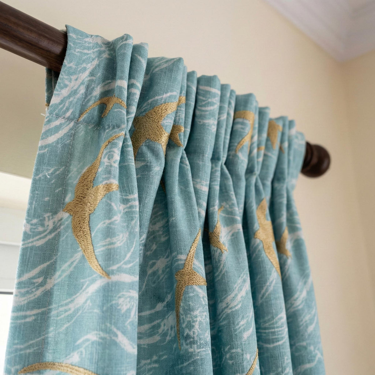 Sky Blue Linen Curtains, Gold Bird Embroidery, Coastal Nursery Drapes — image 3