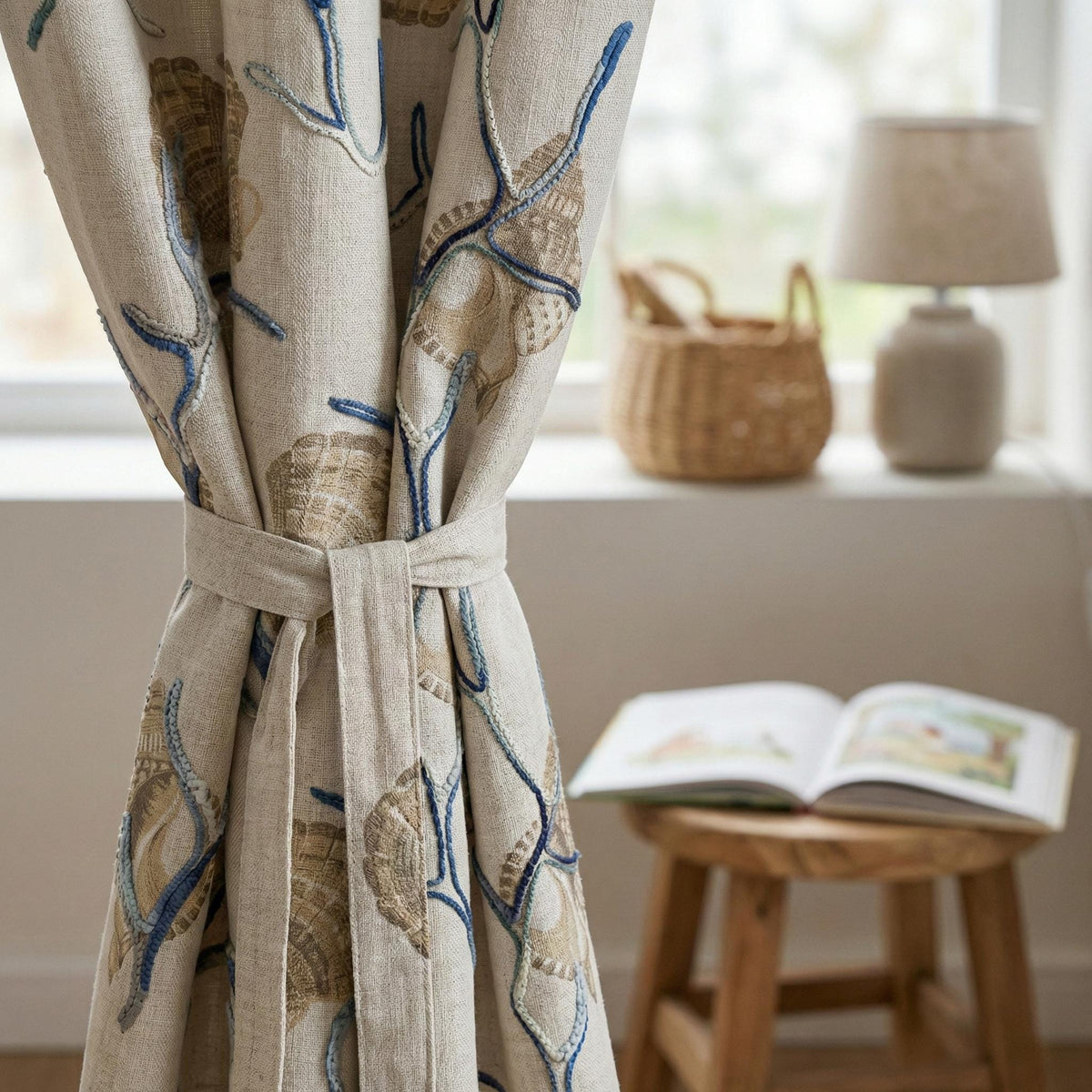 Embroidered Seashell Linen Curtain, Coastal Nursery Decor — image 3