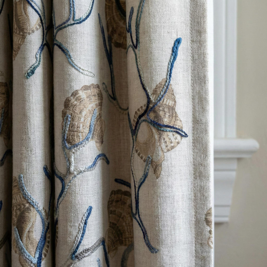 Embroidered Seashell Linen Curtain, Coastal Nursery Decor — image 1