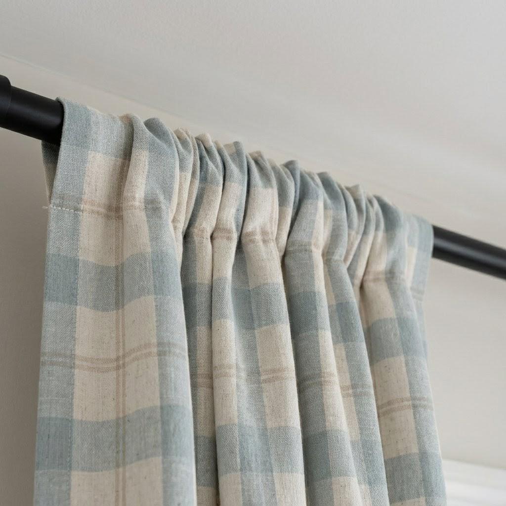 Farmhouse Check Curtains: Organic Linen Dusty Blue & Beige (Blackout or Cotton Liner) — image 8