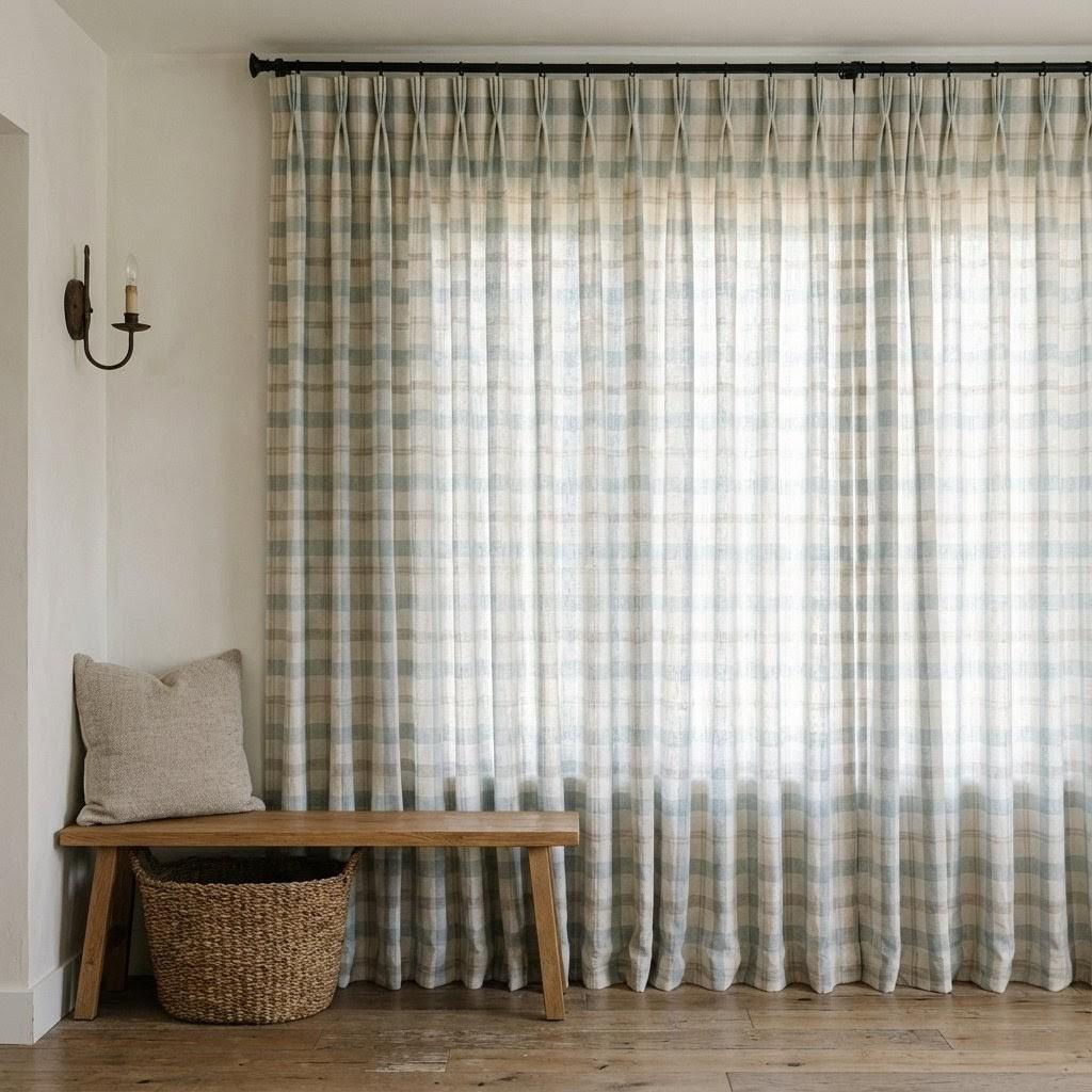 Farmhouse Check Curtains: Organic Linen Dusty Blue & Beige (Blackout or Cotton Liner) — image 10