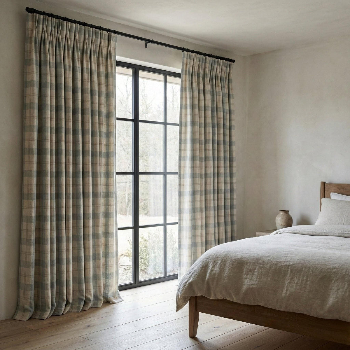 Farmhouse Check Curtains: Organic Linen Dusty Blue & Beige (Blackout or Cotton Liner) — image 3