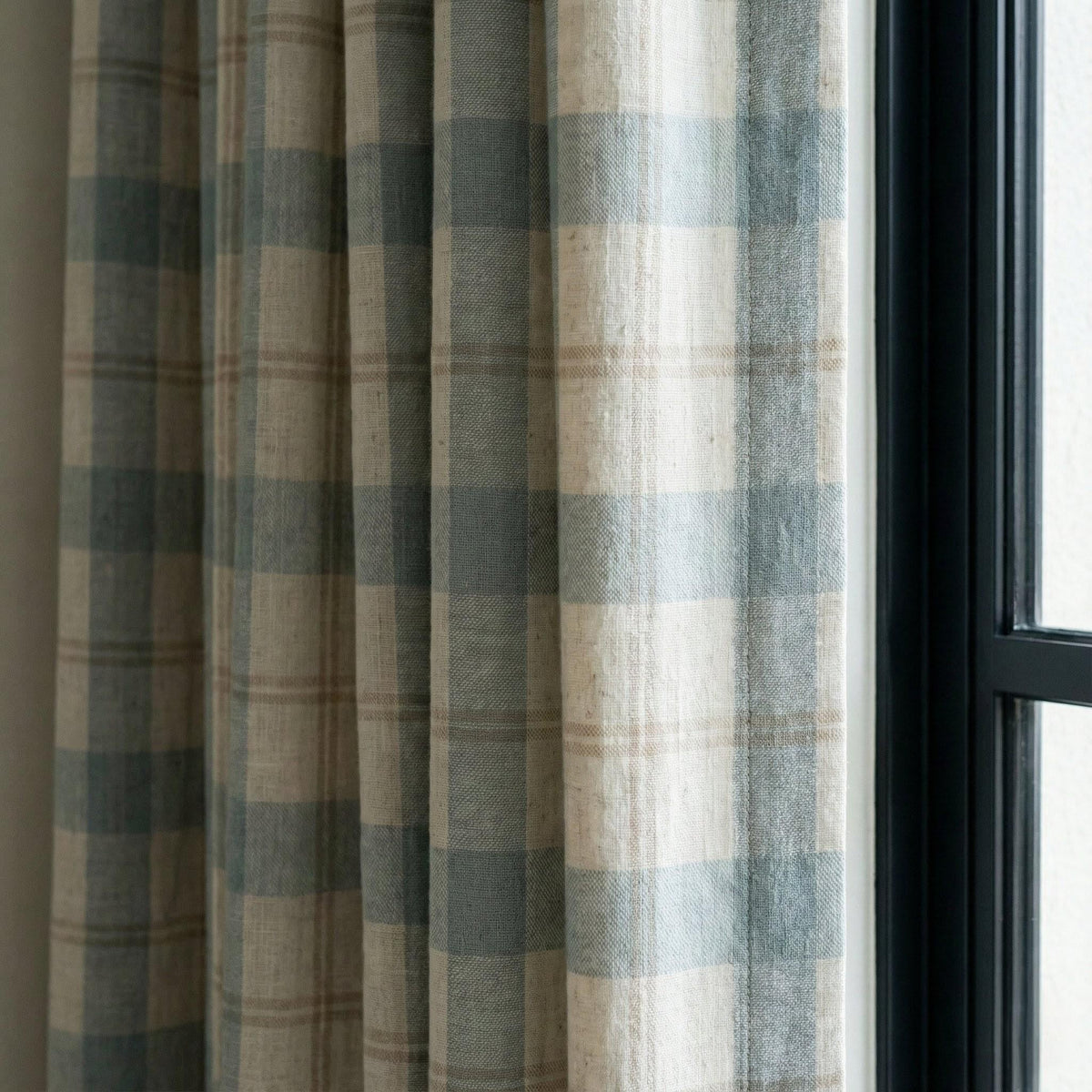 Farmhouse Check Curtains: Organic Linen Dusty Blue & Beige (Blackout or Cotton Liner) — image 6