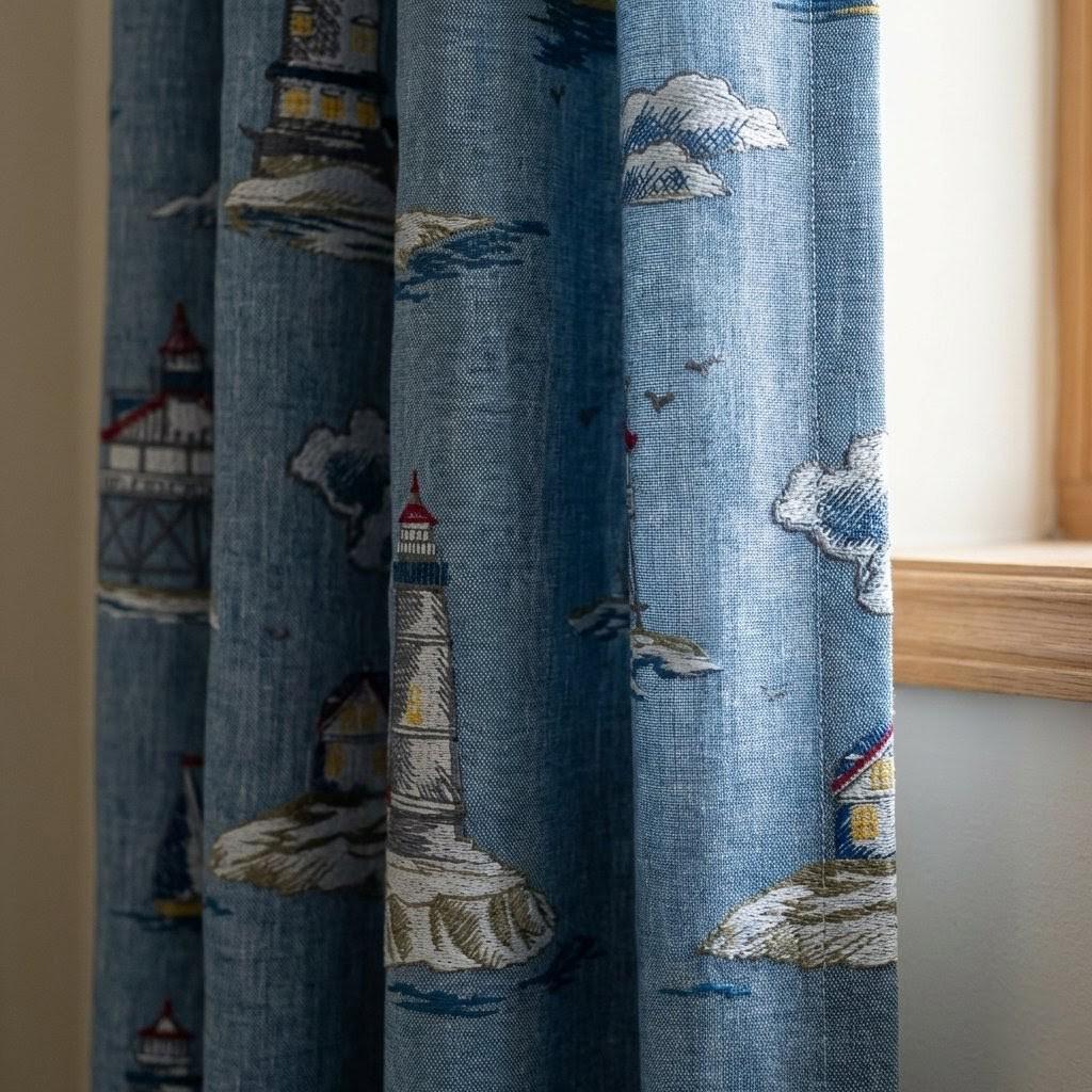 Embroidered Linen Curtains, Blue Lighthouse Nautical Nursery Decor, Custom Size — image 1