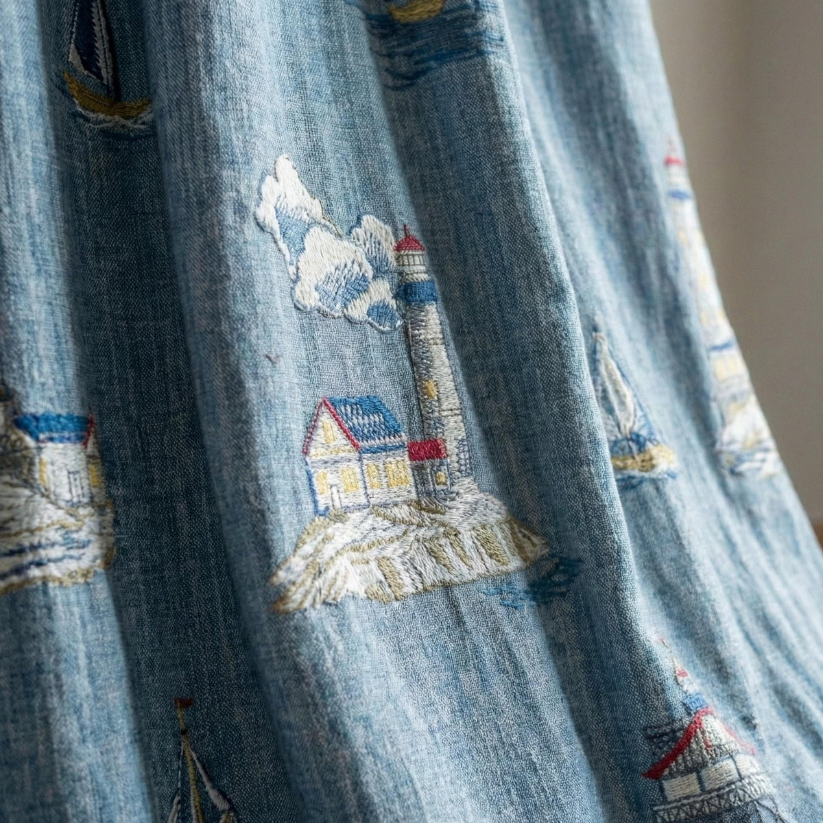 Embroidered Linen Curtains, Blue Lighthouse Nautical Nursery Decor, Custom Size — image 6