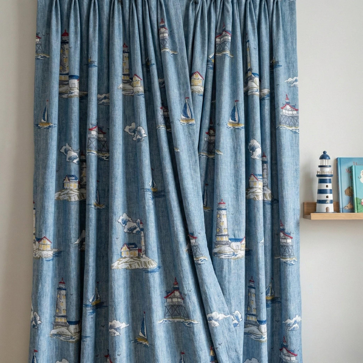 Embroidered Linen Curtains, Blue Lighthouse Nautical Nursery Decor, Custom Size — image 5