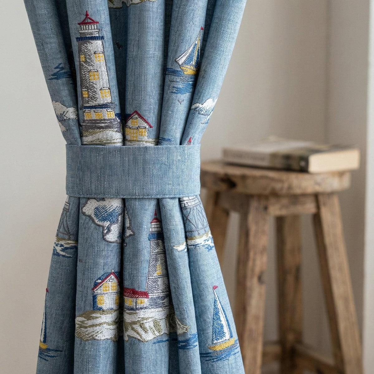 Embroidered Linen Curtains, Blue Lighthouse Nautical Nursery Decor, Custom Size — image 4