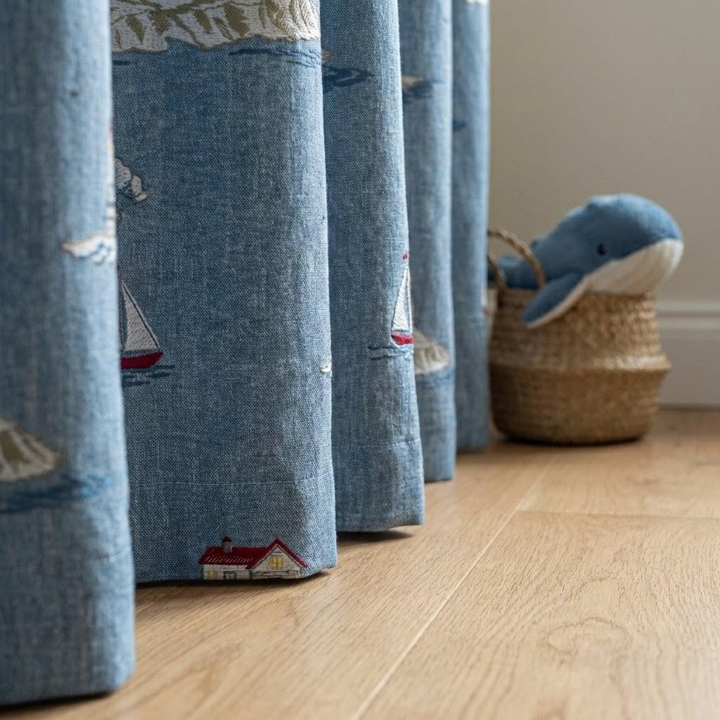 Embroidered Linen Curtains, Blue Lighthouse Nautical Nursery Decor, Custom Size — image 7