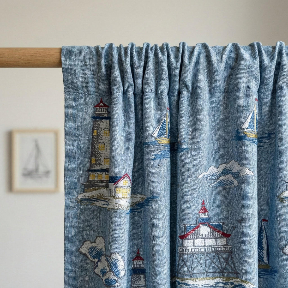 Embroidered Linen Curtains, Blue Lighthouse Nautical Nursery Decor, Custom Size — image 10