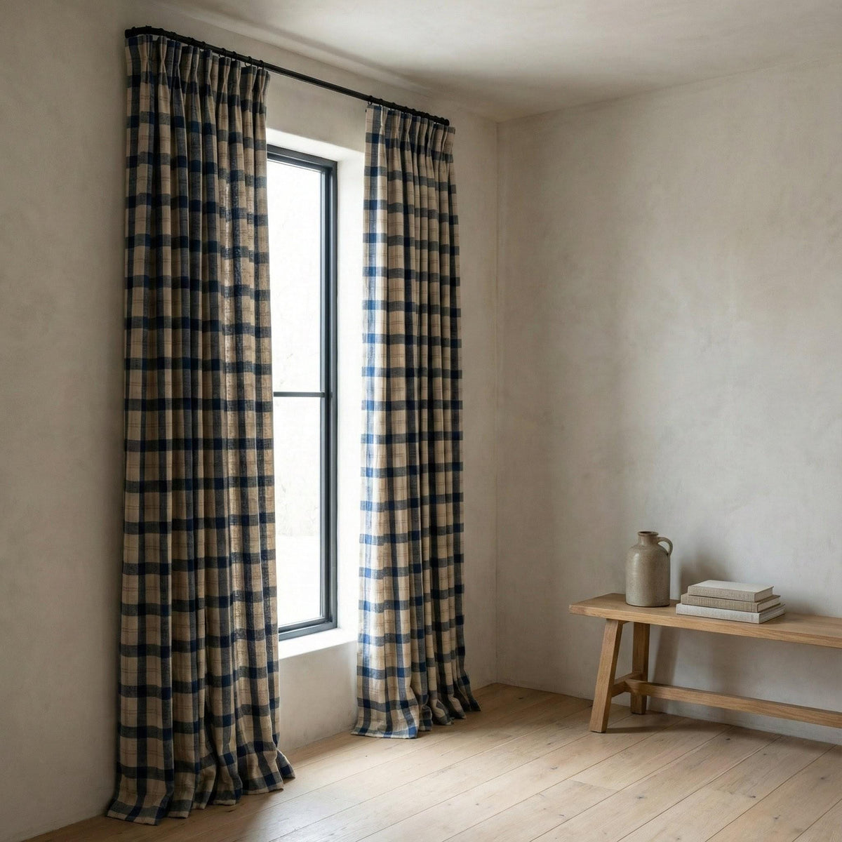 Farmhouse Linen Curtains, Navy Beige Plaid Checks (Blackout or Light Filtering) — image 7