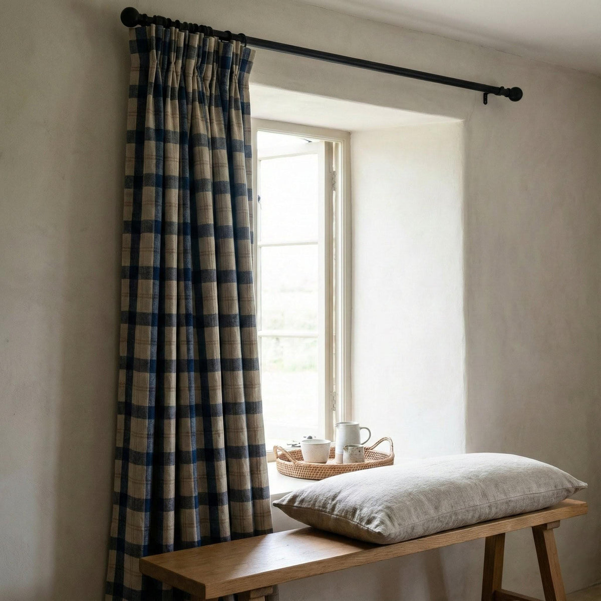 Farmhouse Linen Curtains, Navy Beige Plaid Checks (Blackout or Light Filtering) — image 3