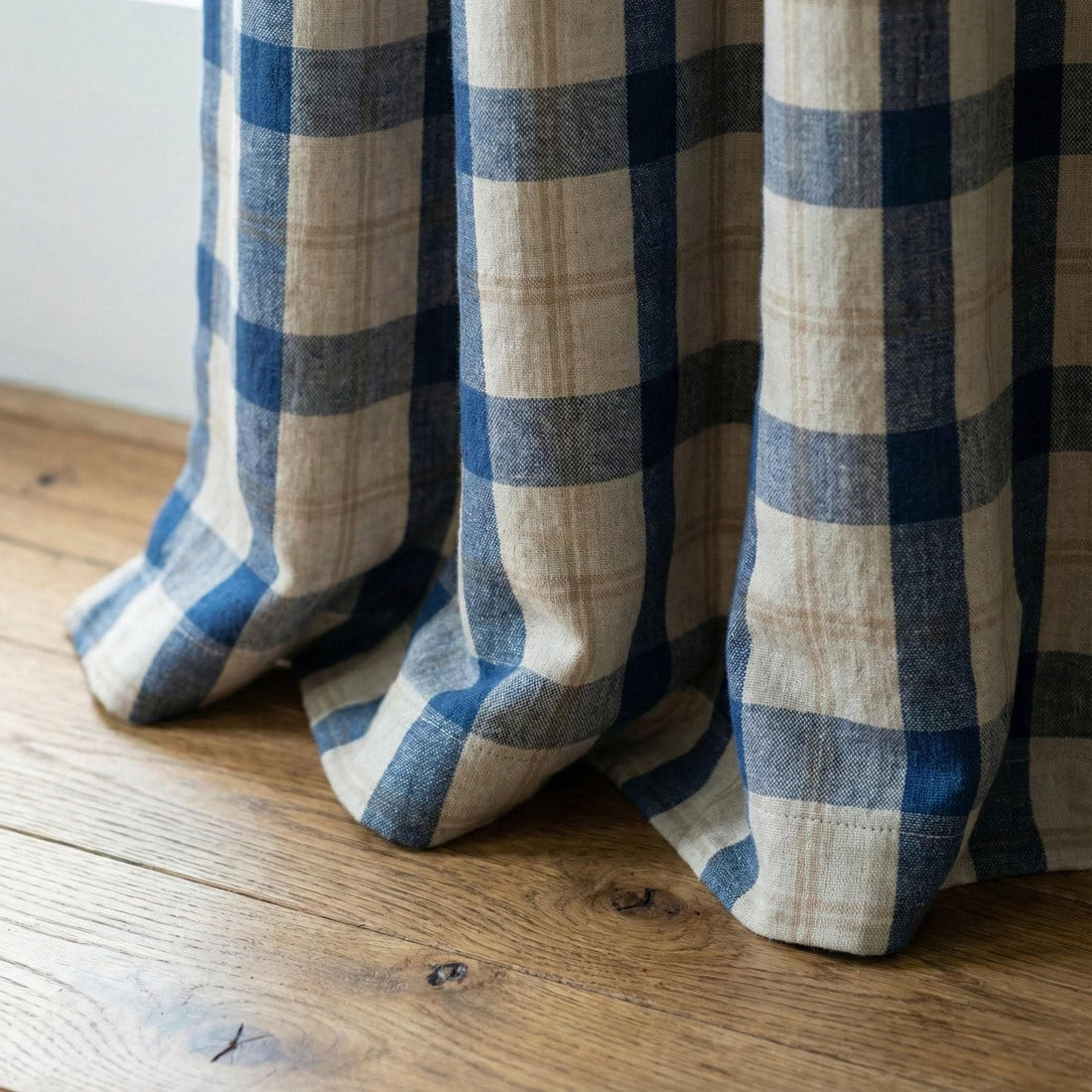 Farmhouse Linen Curtains, Navy Beige Plaid Checks (Blackout or Light Filtering) — image 1
