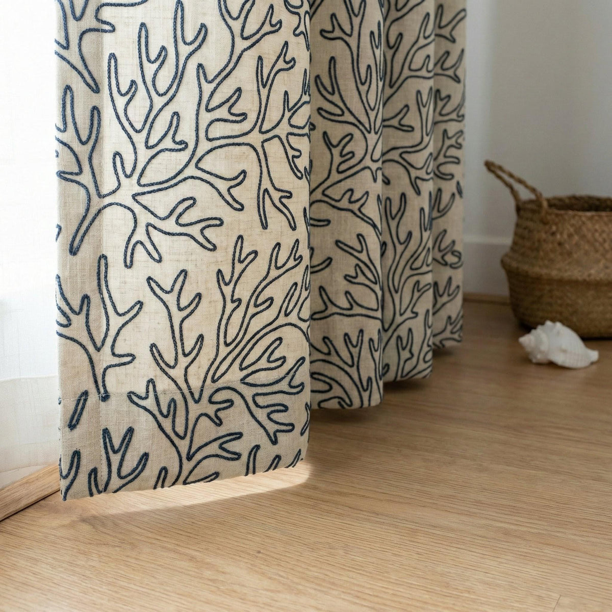 Embroidered Linen Curtains, Navy Coral Reef, Coastal Nursery Drapes — image 4