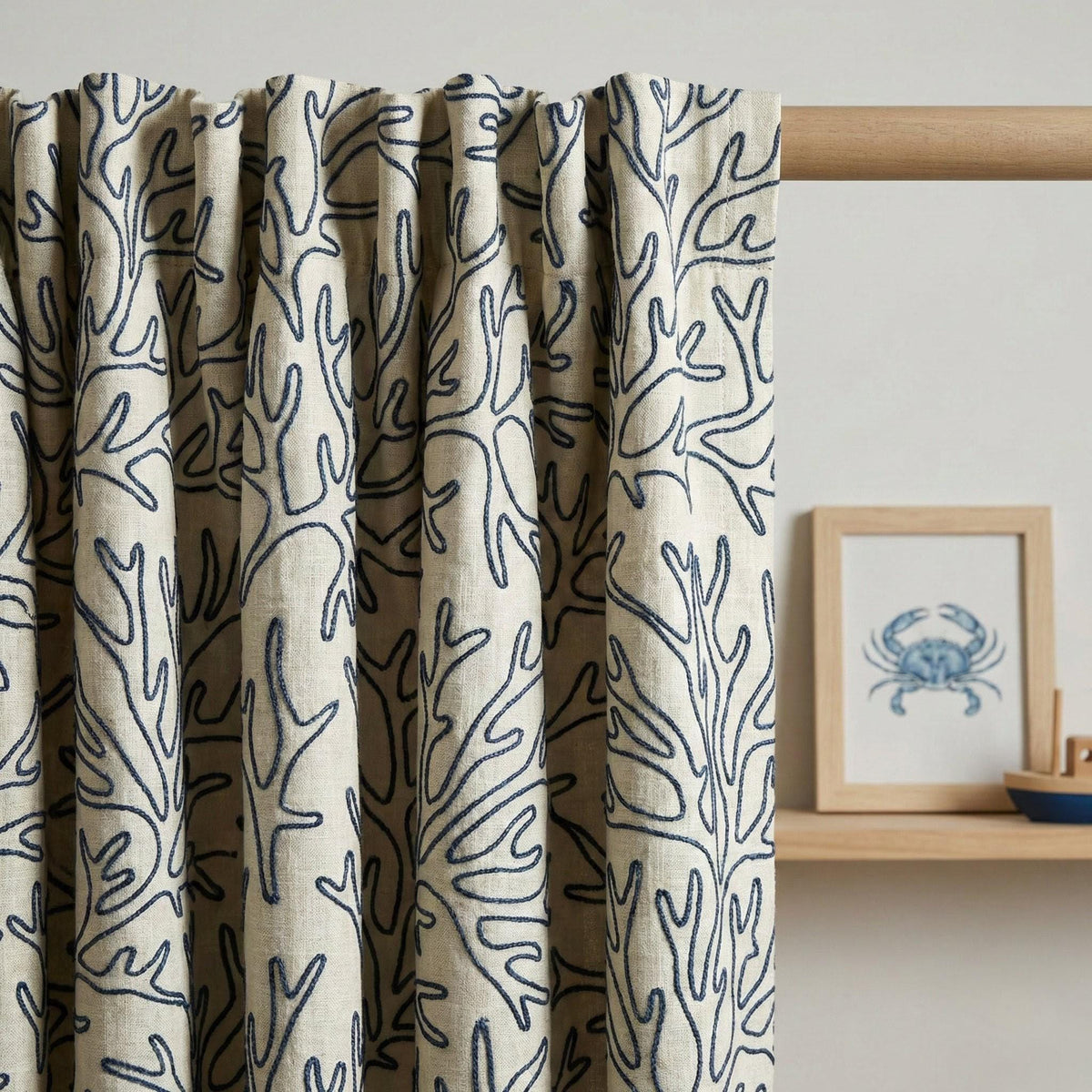 Embroidered Linen Curtains, Navy Coral Reef, Coastal Nursery Drapes — image 6