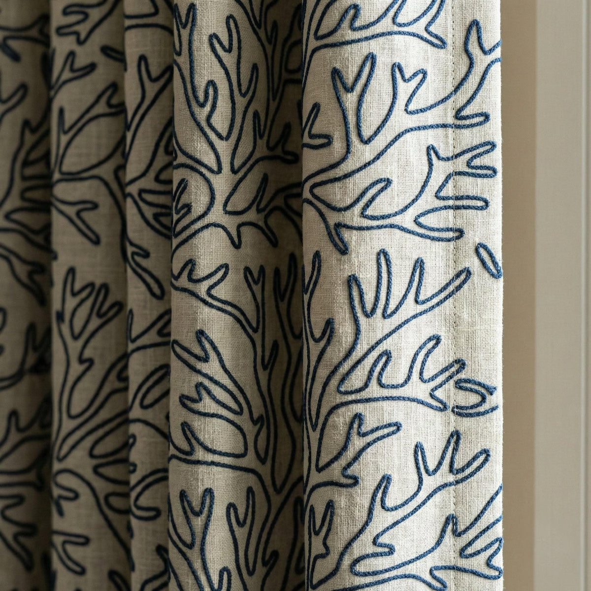 Embroidered Linen Curtains, Navy Coral Reef, Coastal Nursery Drapes — image 1