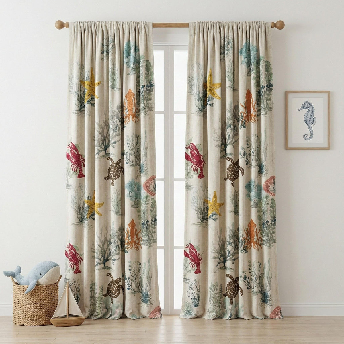 Embroidered Linen Nursery Curtains, Ocean Toile Sea Life Drapes — image 4