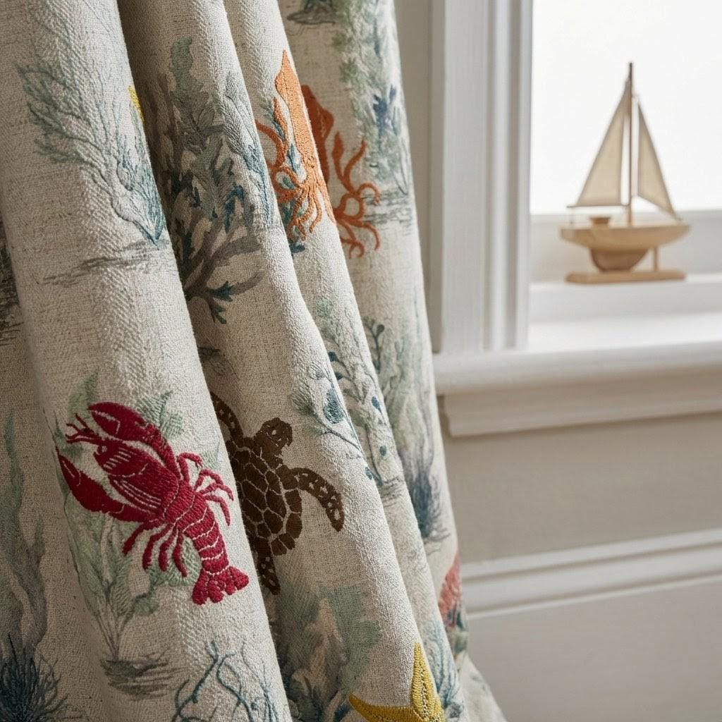 Embroidered Linen Nursery Curtains, Ocean Toile Sea Life Drapes — image 8