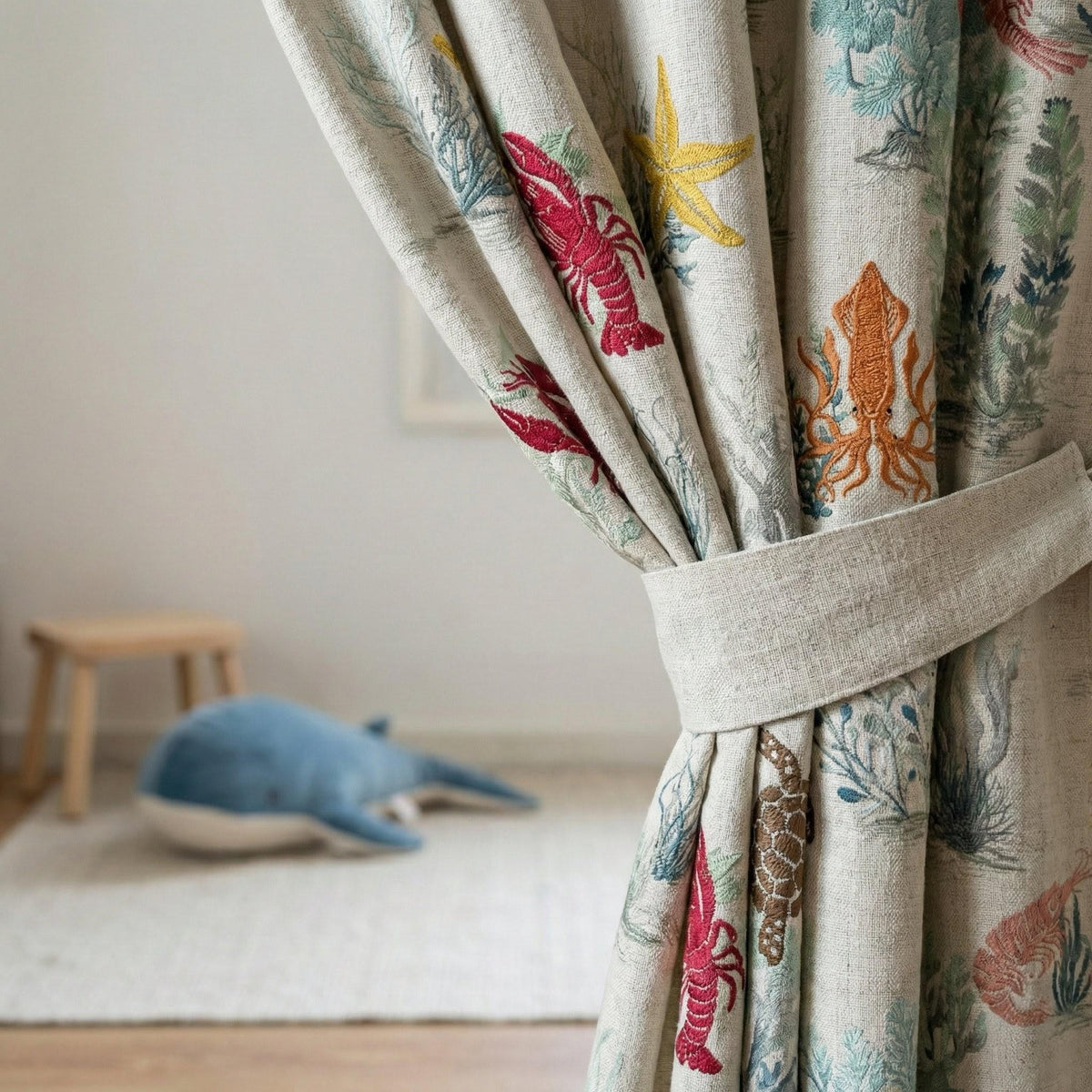 Embroidered Linen Nursery Curtains, Ocean Toile Sea Life Drapes — image 3